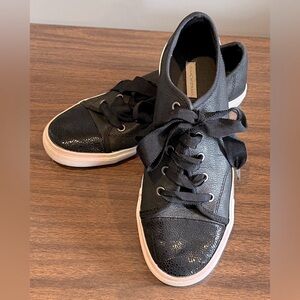 Isaac Mizrahi Live! Black Leather Embossed Eel Ribbon Tie Sneakers, Size 7.5